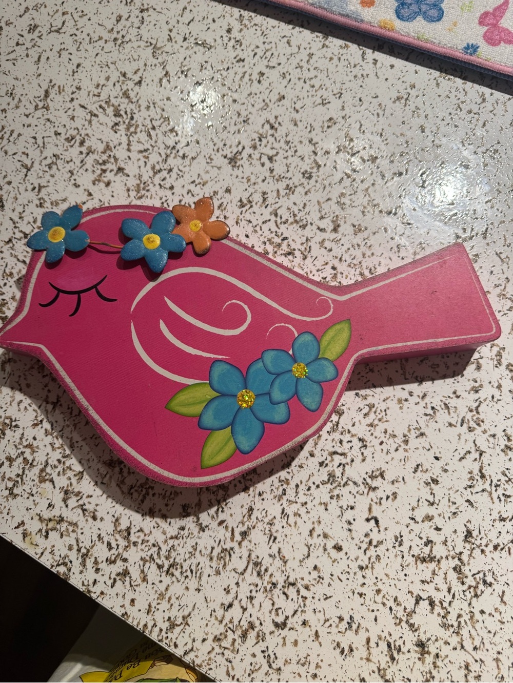 Pink Decorative Bird Wall Hook with Blue Flower Accents